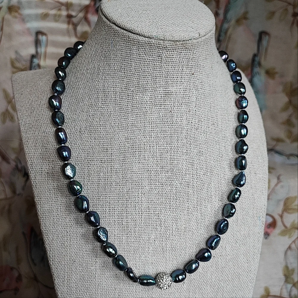 Peacock Freshwater Pearl Blue Gray Green Purple Single Strand Necklace Oil Slick